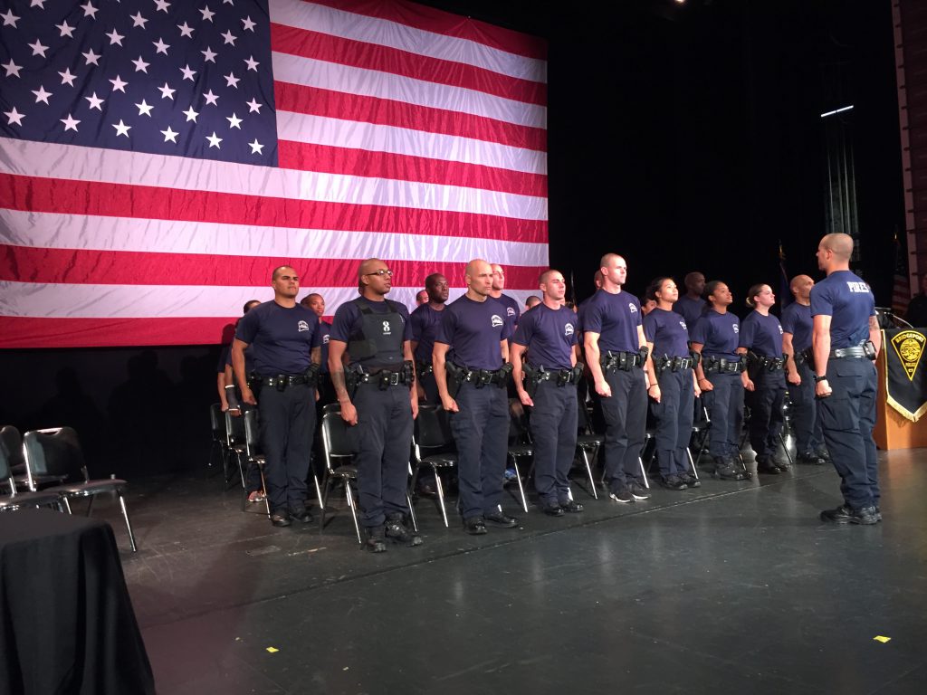 Cadets from the Bridgeport, Connecticut police academy practice for their graduation ceremony, earlier this month. (Credit: Jeff Cohen/ WNPR)