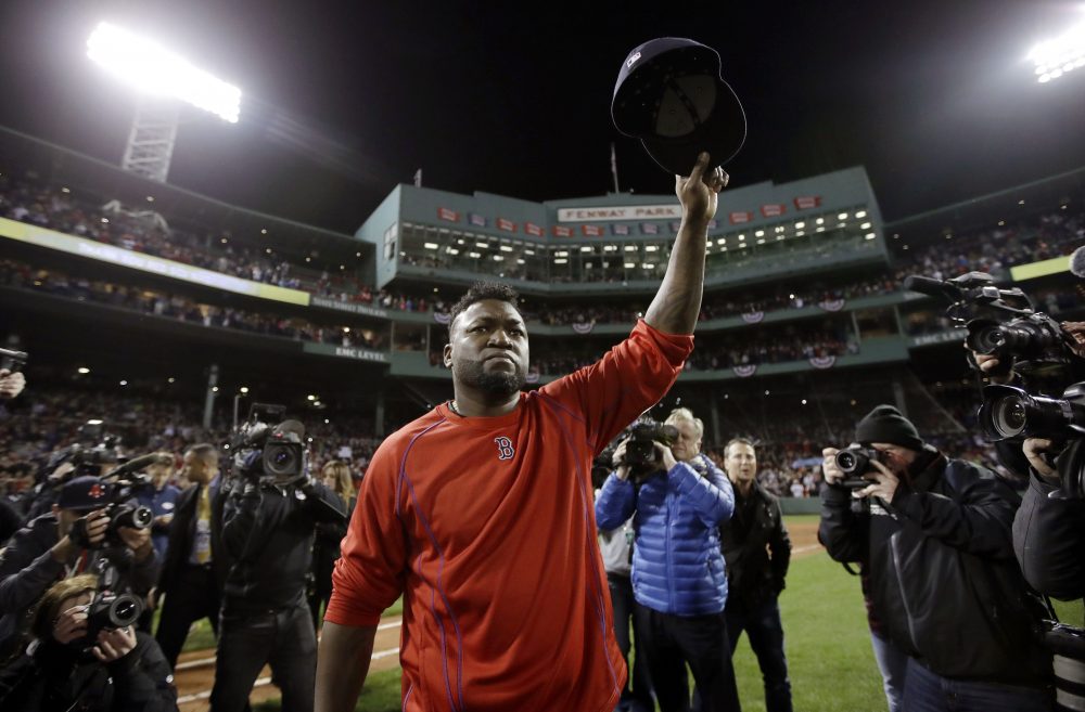 Red Sox designated hitter David Ortiz, nicknamed "Big Papi," bids goodbye to fans this month after losing to the Cleveland Indians at Fenway Park earlier this month. The game marked Ortiz's retirement. (Credit: Charles Krupa/AP)