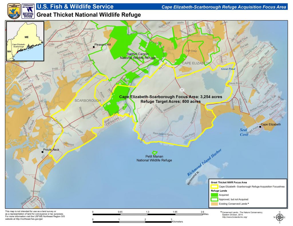 The acquisition focus map for the Great Thicket National Wildlife Refuge in the Cape Elizabeth-Scarborough area. Courtesy U.S. Fish and Wildlife Service