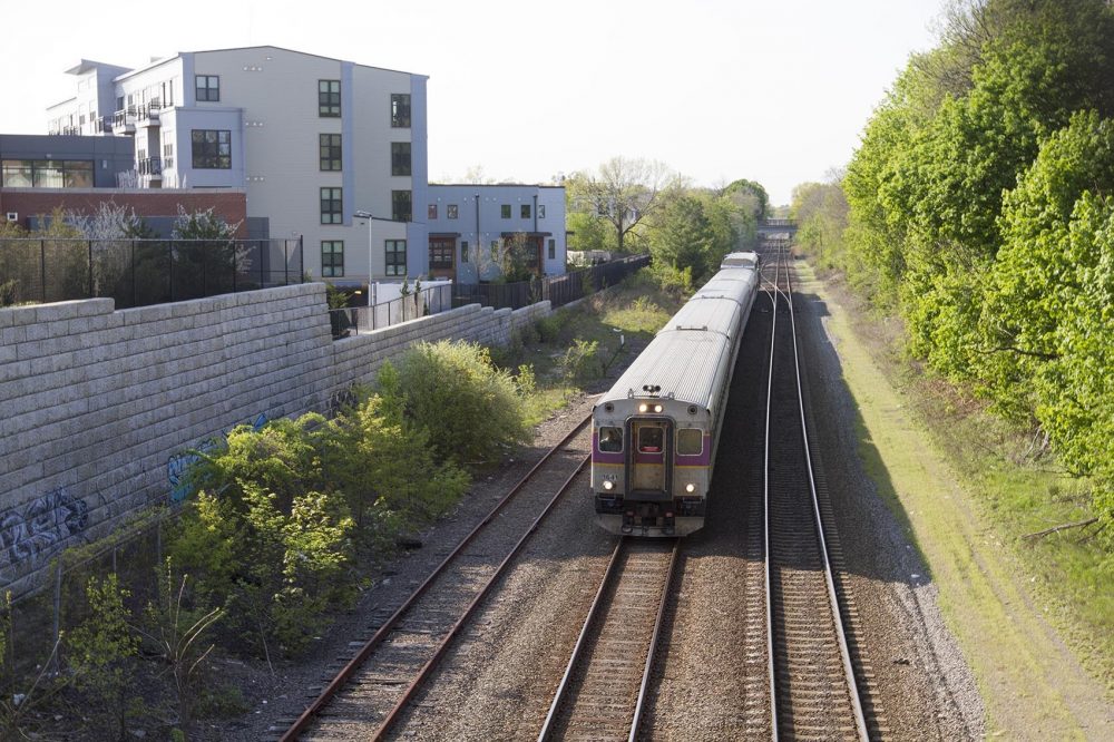 A commuter rail train is seen in the Boston area. Lawmakers in New Hampshire have been debating connecting Boston’s commuter rail to Nashua and Manchester. Credit: Joe Difazio / WBUR