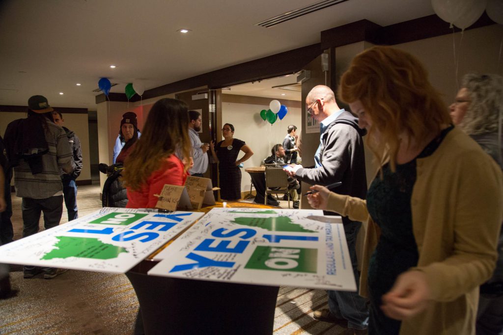 Marijuana legalization advocates at the Yes on One Election Night event in Portland.