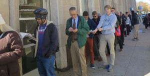 Voters in New Haven's Ward 7 wait outside to cast their ballot on Election Day. (Credit: New Haven Independent)