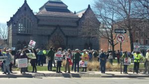 protesters rally in downtown Pittsfield before an injunction hearing on a natural gas pipeline in July, 2016. (Credit: Adam Frenier/ NEPR)