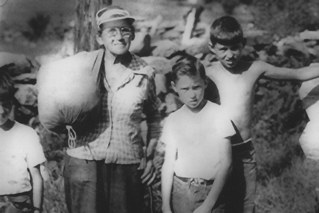 Emma Gatewood with Thomson brothers (from left) Tom, seven; David, nine; and Peter, 11; near the Thomson home in Orford, New Hampshire, on her through hike of the Appalachian Trail in 1955. 