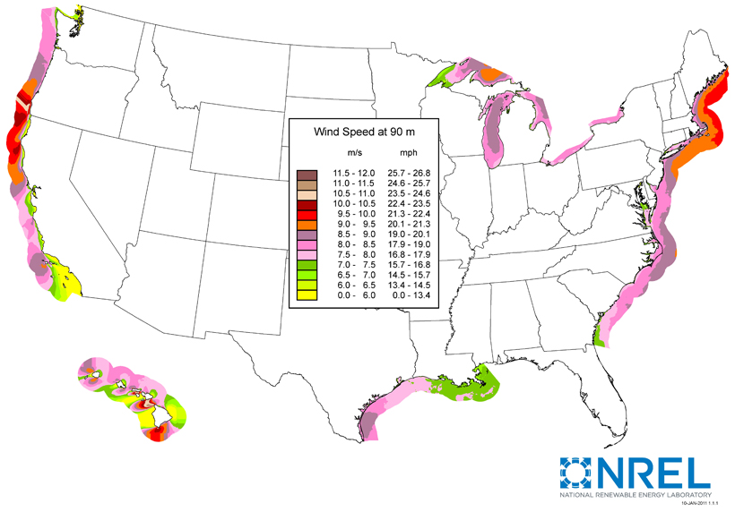 U.S. Department of Energy estimates of wind resource potential. (Credit: NREL)