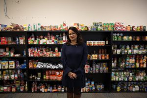 Aura Alvarado helped run the relief center in Hartford. She says there's still a need for services for hurricane evacuees. (Ryan Caron King / Connecticut Public Radio) 