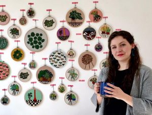 Contemporary embroidery artist Sarah Benning at her home studio in Keene, New Hampshire. Photo by Katherine Garrova for NHPR