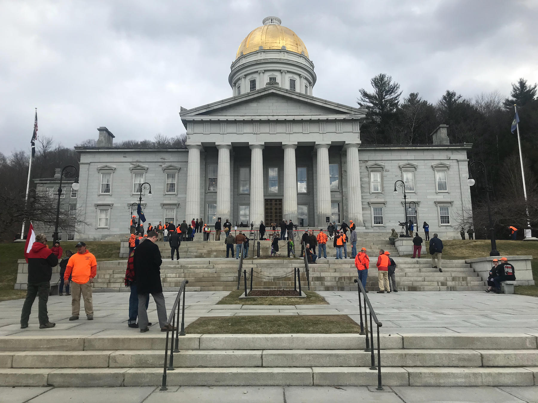 The front of the Vermont Statehouse, prior to the Gov. Phil Scott's guns-reform bill signing Wednesday. The governor made an open invitation on Twitter for people to join him for at the bill signing. Photo by Emily Alfin Johnson for VPR.