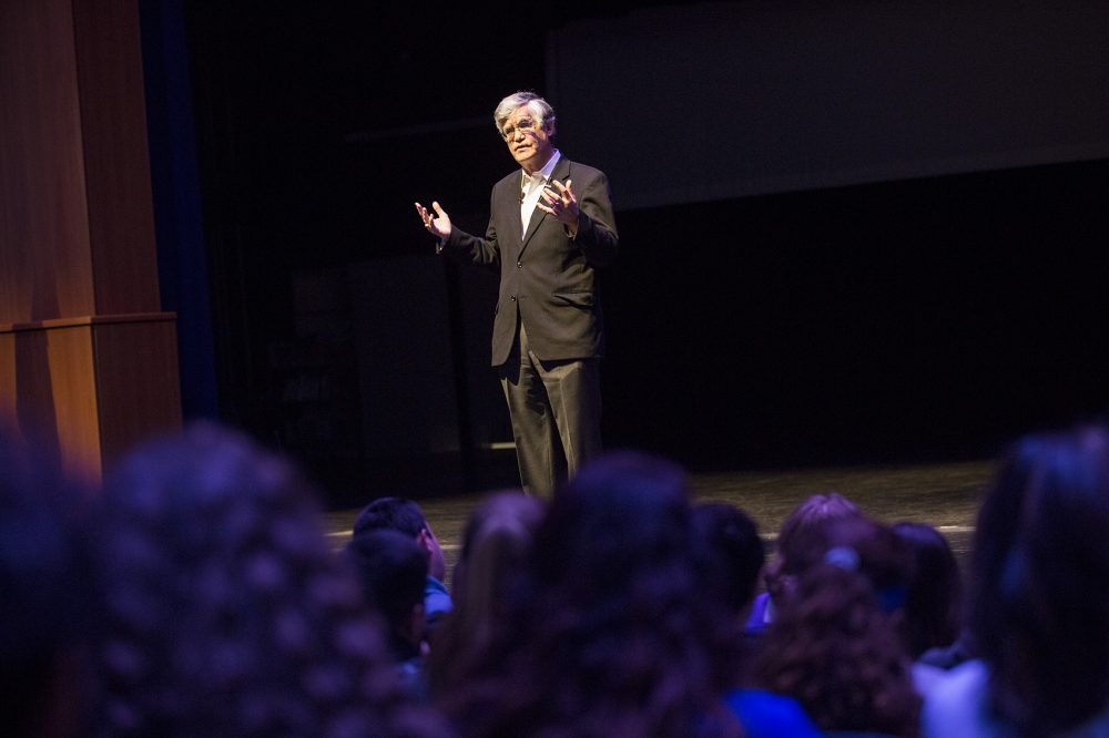 John Broderick, a former chief justice of the New Hampshire Supreme Court, speaks to high school students in Salem, N.H., about mental health awareness. Photo by Jesse Costa for WBUR