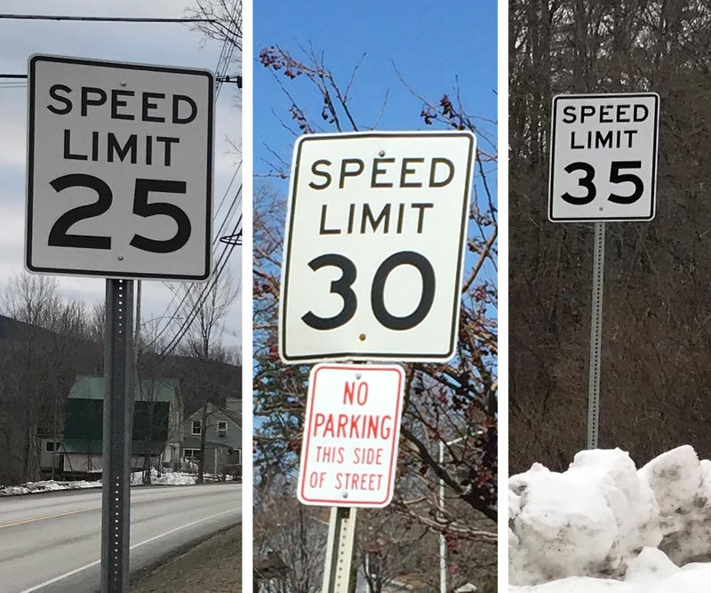 From left to right, speed limit signs in Bridgewater, South Burlington and Plymouth, Vermont. Photo by Emily Corwin and Meg Malone for VPR