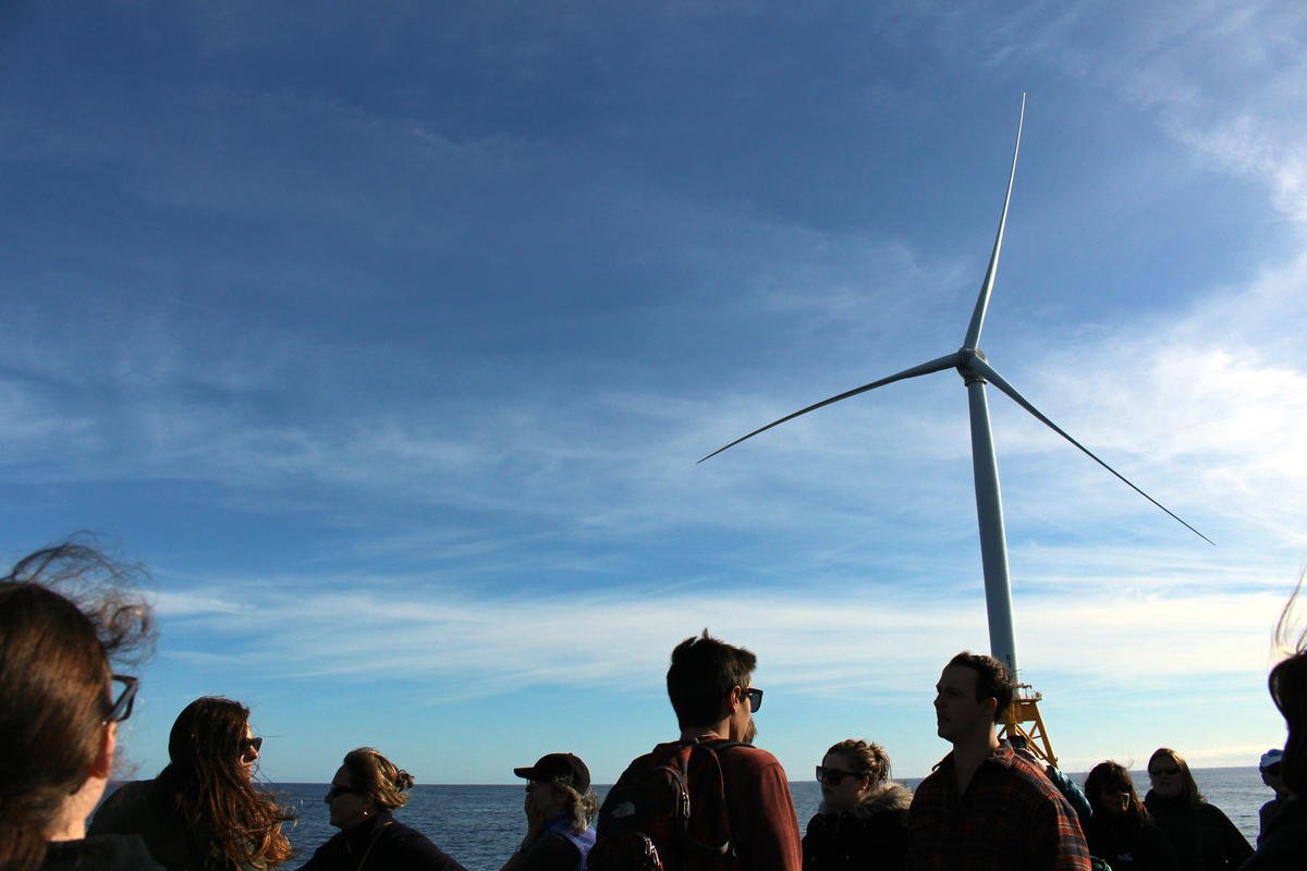 Representatives from Sea Grant programs across the country gathered in Rhode Island to mark the Sea Grant's 50th anniversary. They toured the Block Island Wind Farm. Local high school students were also on board. Photo by Ambar Espinoza for RIPR