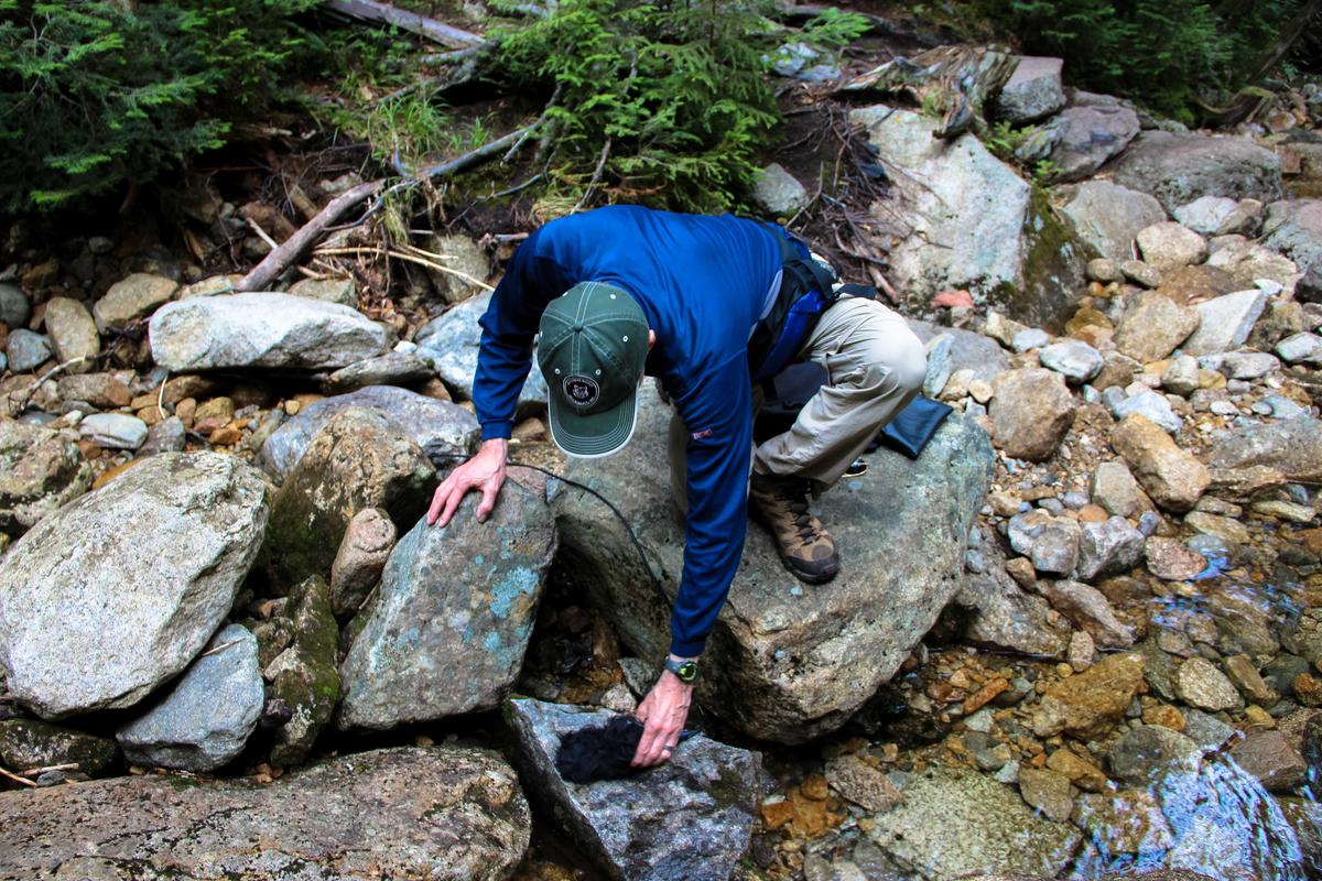 Wilkes records with two mics - he sets one here on a rock, and one higher up the brook. Photo by Sean Hurley for NHPR