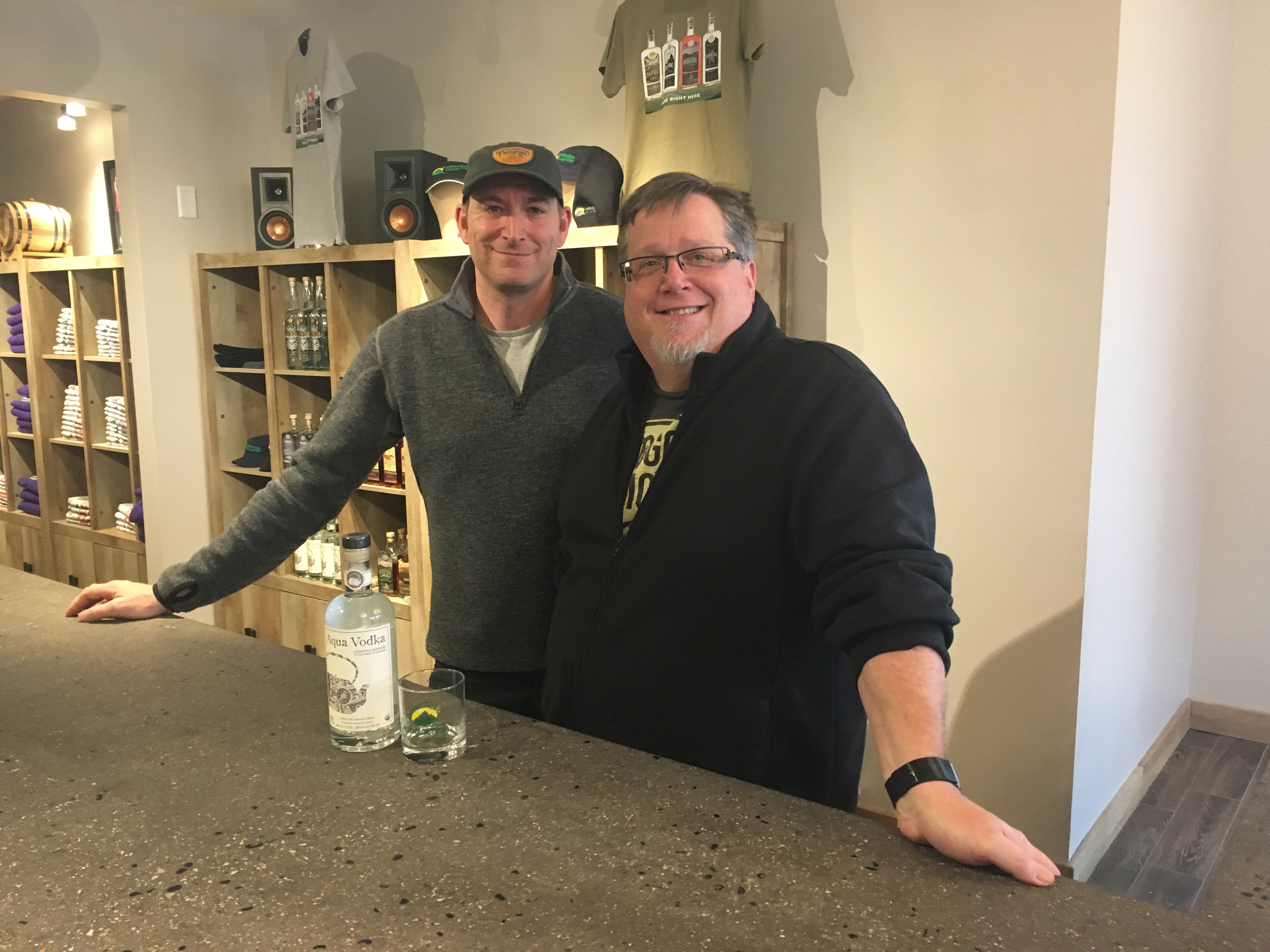 Jeff Weaber (L), founder/CEO of Aqua ViTea, and Lars Hubbard (R), co-owner of Appalachian Gap Distillery have partnered up to make Aqua Vodka: a vodka made with alcohol extracted from kombucha. Photo by Eric Shimelonis