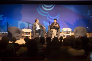 John Dankosky interviews Mushfiq Mobarak at a live Arts and Ideas Panel. Photo by Judy Rosenthal