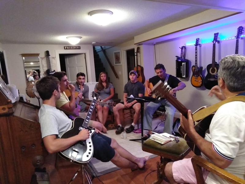 The Manzi Family Band in a Longmeadow, Massachusetts, basement, rehearsing for their July 14, 2018, show at the Majestic Theater in West Springfield, Massachusetts. Photo by Jill Kaufman for NEPR