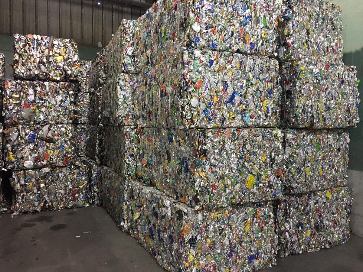 Bales of recyclable aluminum and steel cans ready to be shipped at the Chittenden Solid Waste District. Photo by John Dillon for VPR