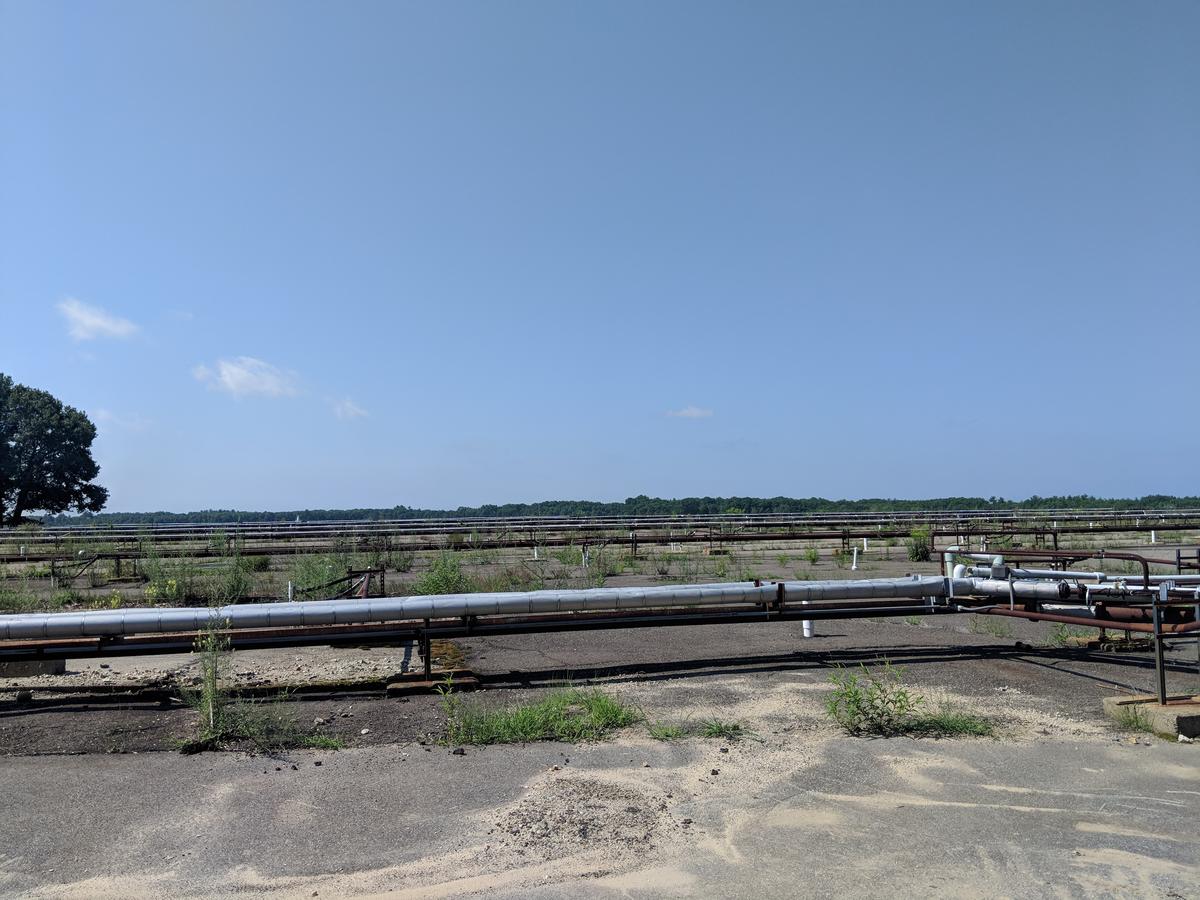 A grid of pipes connects 10 wells that are filtering PFAS out of one aquifer below Pease International Tradeport. Photo by Annie Ropeik for NHPR