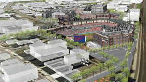 The ballpark rendering above shows an aerial view of Worcester's canal district. The ballpark itself has not been designed yet. Photo courtesy of the PawSox