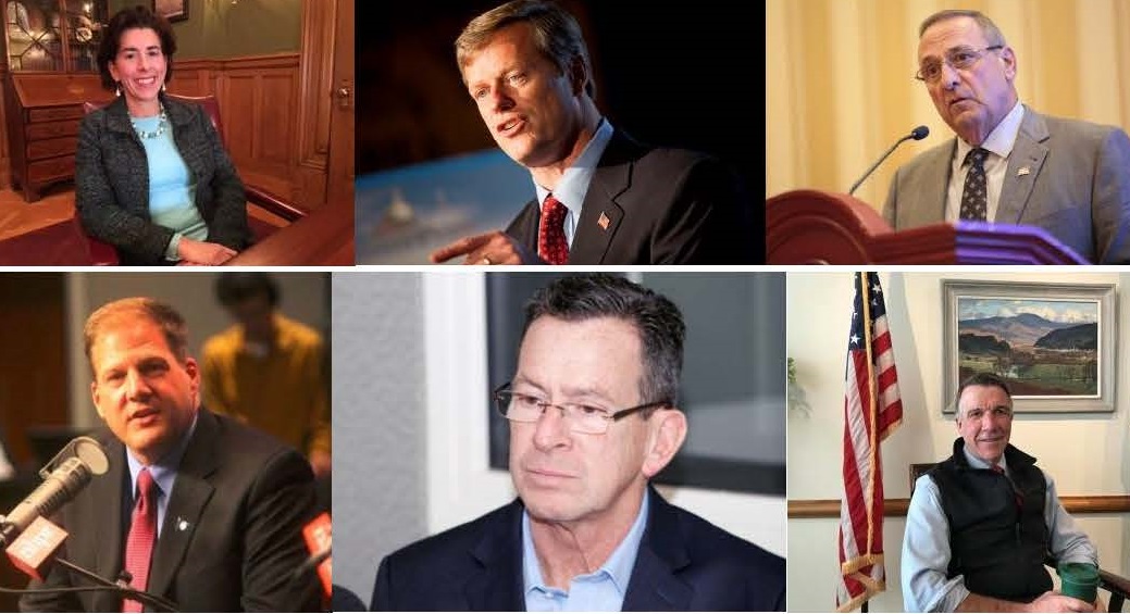 Top row: Governor Gina Raimondo (D-RI), Governor Charlie Baker (D-MA), Governor Paul LePage (R-ME), Governor Chris Sununu (R-NH), Governor Dannel Malloy (D-CT), Governor Phil Scott (R-VT)