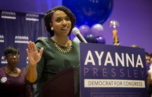 Ayanna Pressley makes addresses supporters celebrating her primary win. Photo by Robin Lubbock for WBUR