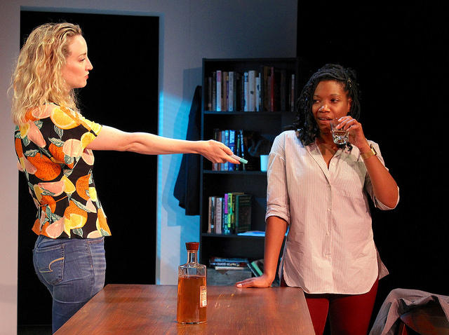 Viv pushes Cass to call the police in Rachel Lynett's "Well Intentioned White People." Photo courtesy of Barrington Stage Company