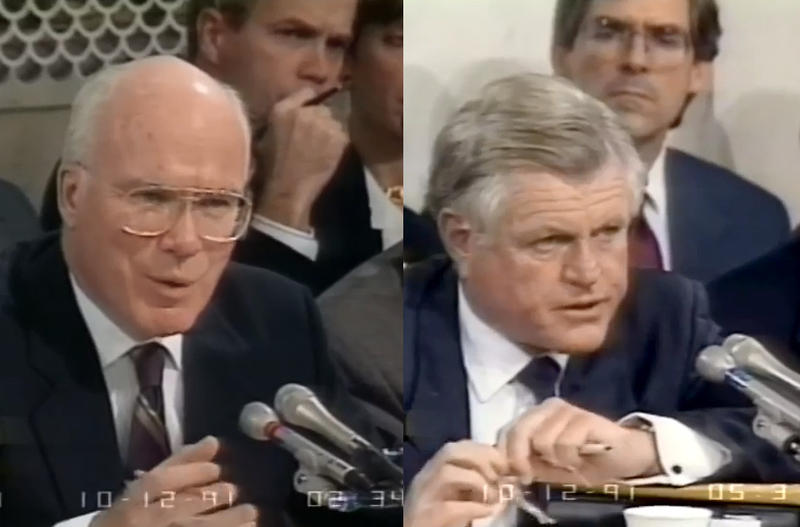 While Vermont Senator Patrick Leahy, at left, was front-and-center during the 1991 hearings investigating Supreme Court nominee Clarence Thomas, Massachusetts Senator from Ted Kennedy kept mostly quiet. Photo via screenshots from C-Span