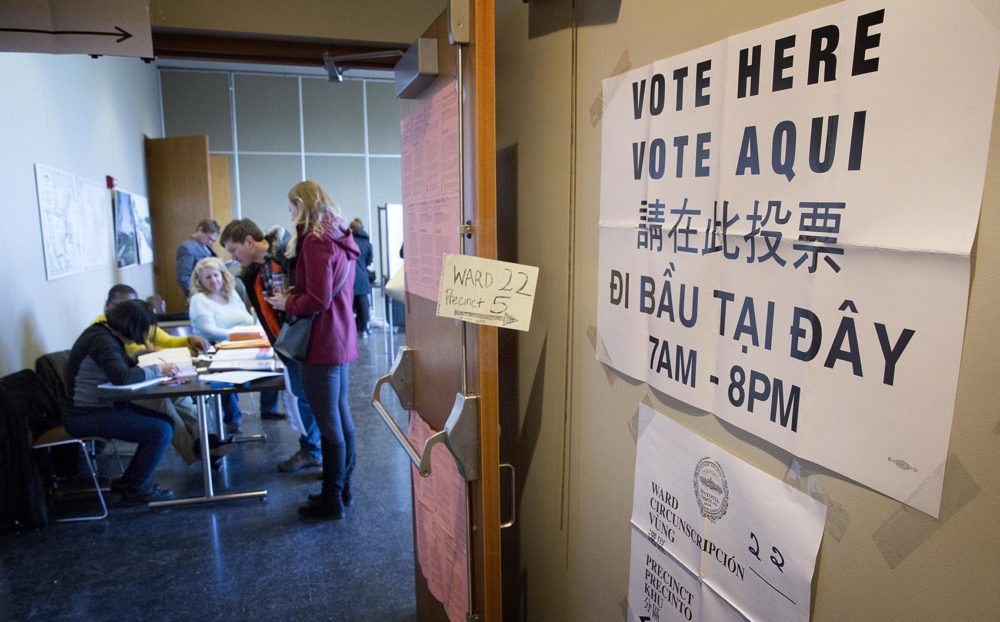 Voters check in at the polling station at the Honan-Allston Branch of the Boston Public Library. Photo by Robin Lubbock for WBUR