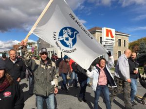 Several hundred Quebec farmers and their supporters took to the streets of Granby, Quebec last week to protest a new trade deal between the U.S., Canada and Mexico. Photo by John Dillon for VPR