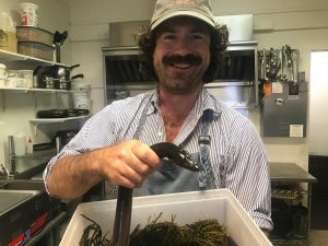 Sam Richman, owner-chef of Sammy’s Deluxe restaurant in Rockland, with some full-grown American Unagi. He says his patrons tend to prefer it smoked, European style, rather than as Japanese sushi. Photo by Keith Shortall for Maine Public