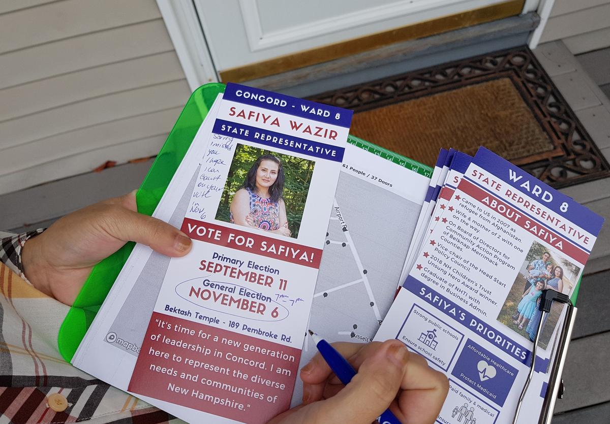 When no one answers the door while she's canvassing, Safiya Wazir leaves this flier and note that says, "I'm sorry I missed you. I hope I can count on your vote on Nov. 6th." Photo by Daniela Allee for NHPR