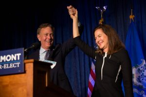 Governor-elect Ned Lamont and Lieutenant Governor-elect Susan Bysiewicz celebrate their victory following Election Day on Nov. 7, 2018. Photo by Frankie Graziano for Connecticut Public Radio