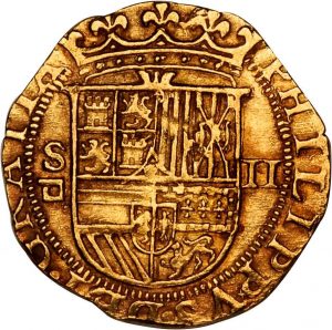 The front of a 2 Escudos coin, or doubloon, minted in Seville, Spain between 1556 and 1598. Sold at auction in 2010 for $1,770. Courtesy Stack's Bowers Galleries