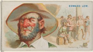 Allen & Ginter cigarette card insert, circa 1888, showing Edward Low and a scene of him “torturing a Yankee,” both imagined by the illustrator. Other than one contemporary source that said Low was a small man, we know nothing about how he looked. Courtesy of The Metropolitan Museum of Art, The Jefferson R. Burdick Collection, Gift of Jefferson R. Burdick