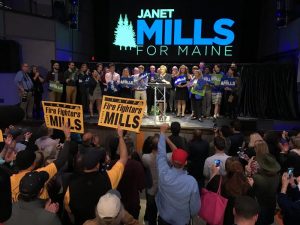 Democrat Janet Mills, winner of Maine's gubernatorial contest, addresses supporters early Wednesday morning in Portland. Photo by Rebecca Conley for Maine Public