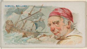 One of a series of “Pirates of the Spanish Main” cards that the Allen & Ginter Company produced circa 1888, and inserted into their cigarette packs. This one shows Samuel Bellamy and a scene of the wreck of the Whydah, both imagined by the illustrator. Courtesy of The Metropolitan Museum of Art, the Jefferson R. Burdick Collection, Gift of Jefferson R. Burdick