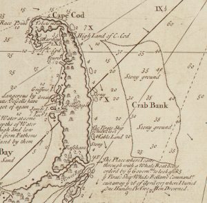 Detail of Cyprian Southack’s map of Massachusetts, circa 1734. A thick arrow (not original to the map) points to where Southack wrote “The Pirate Ship Whidah Lost.” Below that to the right is more text in which Southack informs the reader that he buried 102 men from the wreck who had drowned. Courtesy of Library of Congress, Geography and Map Division