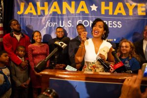 Democrat Jahana Hayes addresses her supporters in Waterbury after declaring victory in her U.S. House race against Republican Manny Santos. Hayes becomes the first black woman elected to Congress in Connecticut. Photo by Ryan Caron King for Connecticut Public Radio