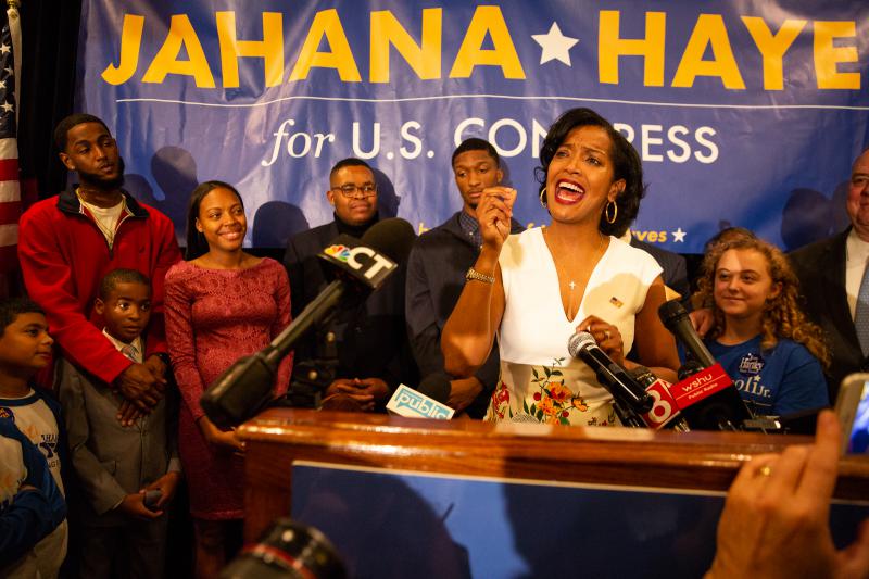 Democrat Jahana Hayes addresses her supporters in Waterbury after declaring victory in her U.S. House race against Republican Manny Santos. Hayes becomes the first black woman elected to Congress in Connecticut. Photo by Ryan Caron King for Connecticut Public Radio