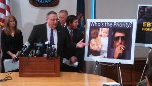 Gov. Paul LePage announces his legislation to revamp welfare, including limits on what could be purchased with food stamps. Photo by Mal Leary for Maine Public