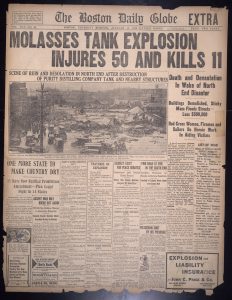 Front page news coverage of the Molasses Disaster in the Boston Daily Globe. Photo courtesy of Boston Public Library, Flickr, Creative Commons