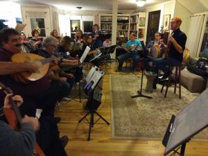 Members of the Pioneer Valley Arabic Music Ensemble, rehearsing in Northampton, Massachusetts. Photo by Jill Kaufman for NEPR