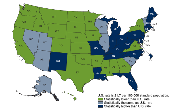 Age-adjusted drug overdose death rates, by state: United States, 2017. NCHS, National Vital Statistics System, Mortality.