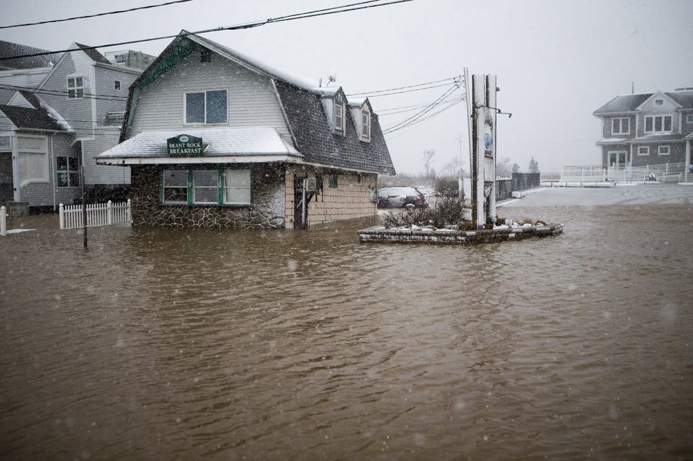 Floodwater rises in Marshfield during the nor'easter on March 13, 2018. Photo by Jesse Costa for WBUR