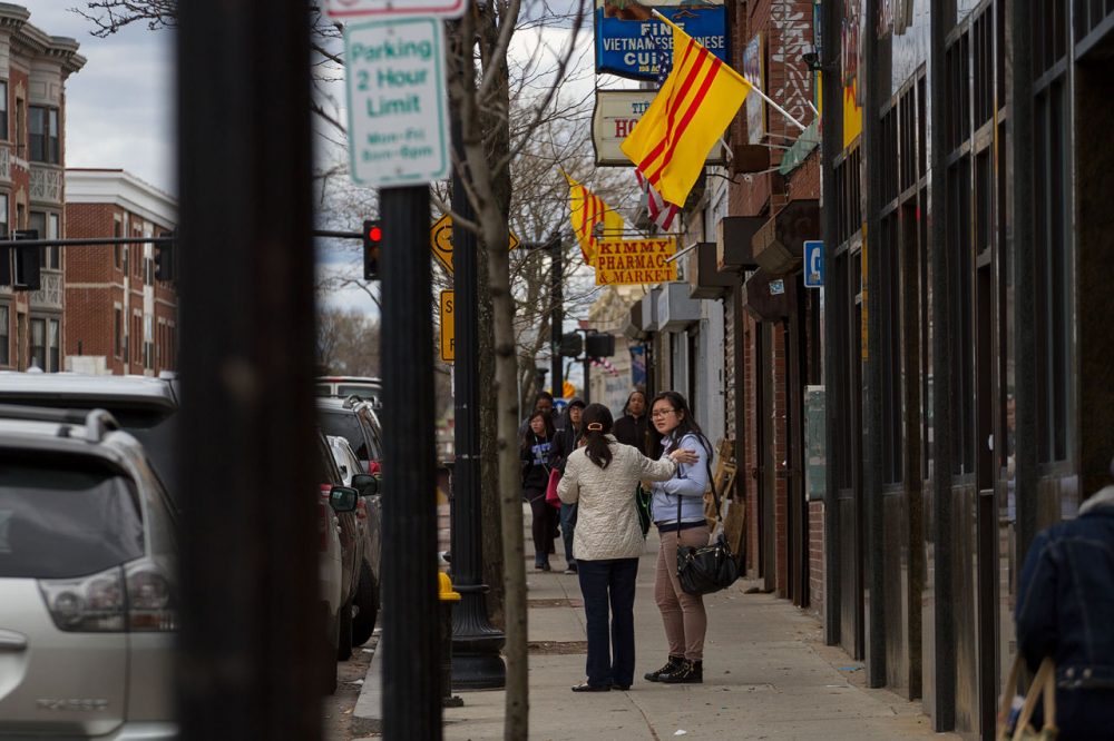 South Vietnamese flags fly over businesses down Boston's Dorchester Avenue ahead of the 40th anniversary of the fall of Saigon. Photo by Jesse Costa for WBUR