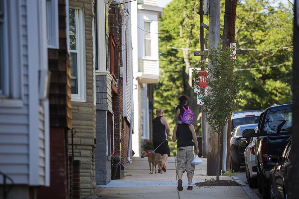 East Boston neighbors walk by a tree recently planted on Trenton Street. Photo by Jesse Costa for WBUR