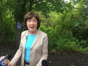 Collins speaks to the media about Brett Kavanaugh during a stop at The Cedars retirement community in Portland for a groundbreaking ceremony in September. Photo by Willis Ryder Arnold for Maine Public