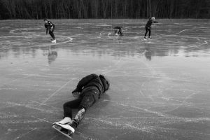 At rear, from left, on the ice: Dave Marks, Kate Popetz and Anna Morningstar. At foreground: Rachael Tani. Photo by Ellery Berenger for NEPR