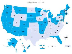 Minimum wage laws in the U.S.: Blue areas have higher minimum wage than the federal minimum wage, set right now at $7.25. Courtesy of the U.S. Department of Labor