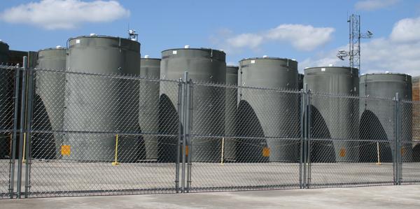 Spent fuel at Vermont Yankee is stored in these casks. NorthStar, the company that wants to buy the closed plant, recently boosted its financial plan to pay for fuel storage. Photo courtesy of Vermont Yankee