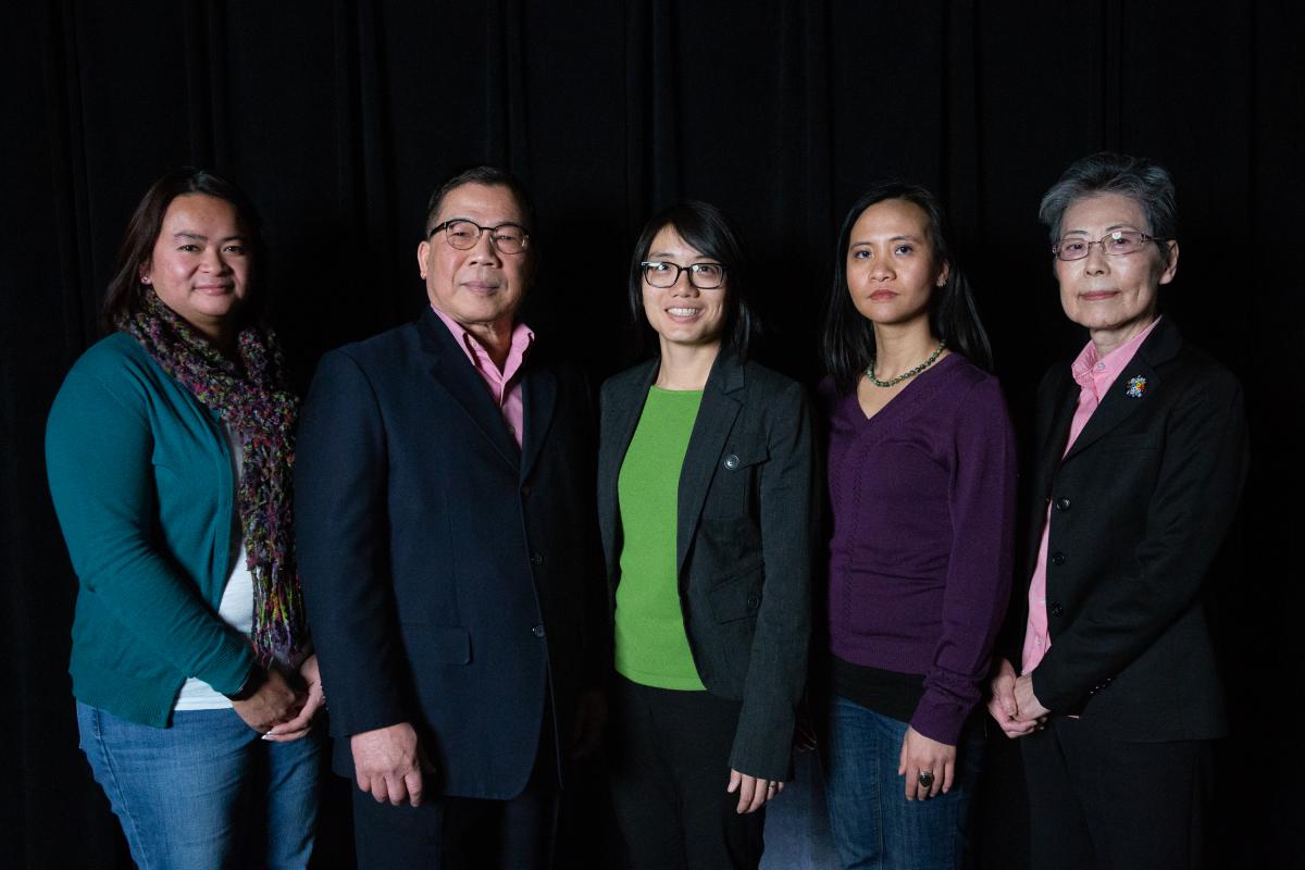 Mui Mui Hin-McCormick (at left) recruited the Asian Ambassadors a few years ago. They are Laotian elder Howard Phengsomphone, Vietnamese refugee Quyen Truong (center), Laotian refugee Sou Thammavong and Japanese immigrant Mari Merwin (at right). Photo by Ryan Caron King for Connecticut Public Radio